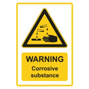 Schild Warnzeichen Piktogramm & Text englisch · Warning · Corrosive substance · gelb | selbstklebend (Warnschild)