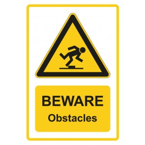 Aufkleber Warnzeichen Piktogramm & Text englisch · Beware · Obstacles · gelb (Warnaufkleber)