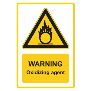 Schild Warnzeichen Piktogramm & Text englisch · Warning · Oxidizing agent · gelb