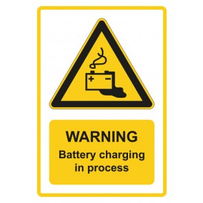 Schild Warnzeichen Piktogramm & Text englisch · Warning · Battery charging in process · gelb | selbstklebend