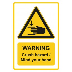 Schild Warnzeichen Piktogramm & Text englisch · Warning · Crush hazard / Mind your hand · gelb | selbstklebend