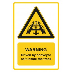 Aufkleber Warnzeichen Piktogramm & Text englisch · Warning · Driven by conveyor belt inside the track · gelb (Warnaufkleber)