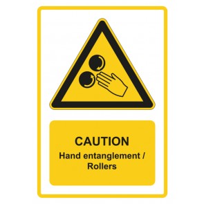 Schild Warnzeichen Piktogramm & Text englisch · Caution · Hand entanglement / Rollers · gelb | selbstklebend