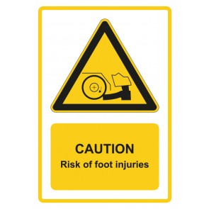 Schild Warnzeichen Piktogramm & Text englisch · Caution · Risk of foot injuries · gelb