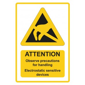 Aufkleber Warnzeichen Piktogramm & Text englisch · Attention · Observe precautions / Electrostatic sensitive devices · gelb (Warnaufkleber)