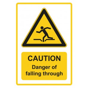 Schild Warnzeichen Piktogramm & Text englisch · Caution · Danger of falling through · gelb
