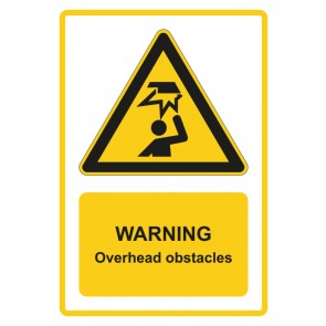 Schild Warnzeichen Piktogramm & Text englisch · Warning · Overhead obstacles · gelb