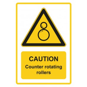 Aufkleber Warnzeichen Piktogramm & Text englisch · Caution · Counter rotating rollers · gelb