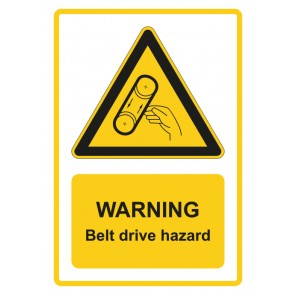 Aufkleber Warnzeichen Piktogramm & Text englisch · Warning · Belt drive hazard · gelb
