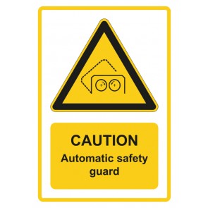 Schild Warnzeichen Piktogramm & Text englisch · Caution · Automatic safety guard · gelb