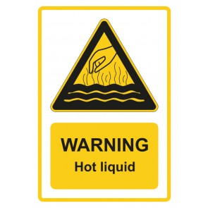 Schild Warnzeichen Piktogramm & Text englisch · Warning · Hot liquid · gelb | selbstklebend