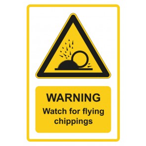 Schild Warnzeichen Piktogramm & Text englisch · Warning · Watch for flying chippings · gelb