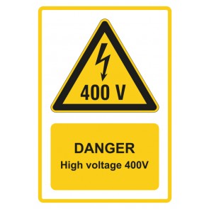 Schild Warnzeichen Piktogramm & Text englisch · Danger · High voltage 400V · gelb