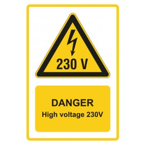 Aufkleber Warnzeichen Piktogramm & Text englisch · Danger · High voltage 230V · gelb