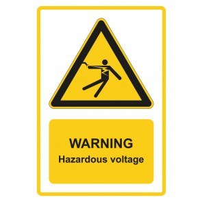 Schild Warnzeichen Piktogramm & Text englisch · Warning · Hazardous voltage · gelb