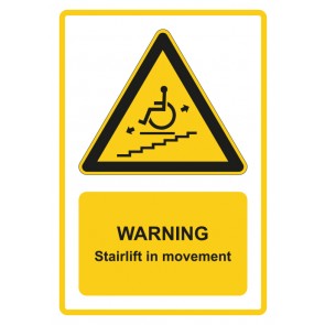 Schild Warnzeichen Piktogramm & Text englisch · Warning · Stairlift in movement · gelb | selbstklebend