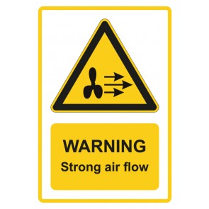 Schild Warnzeichen Piktogramm & Text englisch · Warning · Strong air flow · gelb