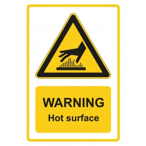 Schild Warnzeichen Piktogramm & Text englisch · Warning · Hot surface · gelb | selbstklebend