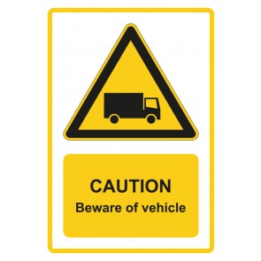 Aufkleber Warnzeichen Piktogramm & Text englisch · Caution · Beware of vehicle · gelb