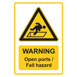 Magnetschild Warnzeichen Piktogramm & Text englisch · Warning · Open ports · Fall hazard · gelb