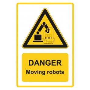Aufkleber Warnzeichen Piktogramm & Text englisch · Danger · Moving robots · gelb