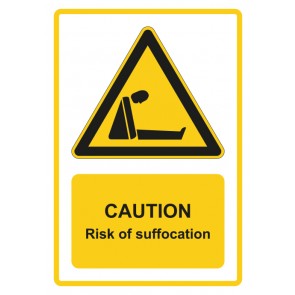 Schild Warnzeichen Piktogramm & Text englisch · Caution · Risk of suffocation · gelb