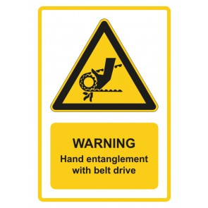 Aufkleber Warnzeichen Piktogramm & Text englisch · Warning · Hand entanglement with belt drive · gelb