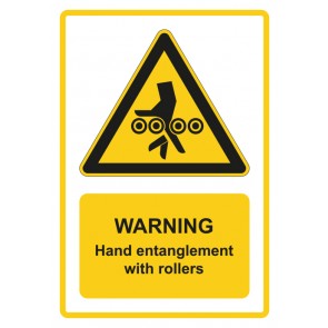 Schild Warnzeichen Piktogramm & Text englisch · Warning · Hand entanglement with rollers · gelb