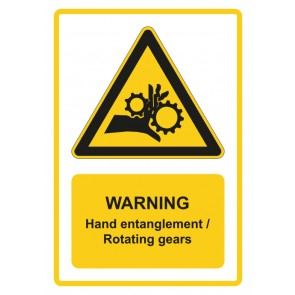 Aufkleber Warnzeichen Piktogramm & Text englisch · Warning · Hand entanglement / Rotating gears · gelb | stark haftend