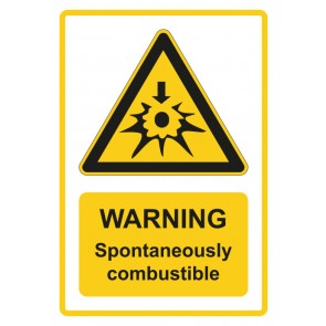 Schild Warnzeichen Piktogramm & Text englisch · Warning · Spontaneously combustible · gelb
