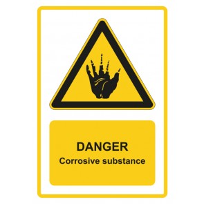 Schild Warnzeichen Piktogramm & Text englisch · Danger · Corrosive substance · gelb