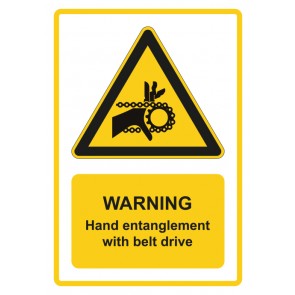 Magnetschild Warnzeichen Piktogramm & Text englisch · Warning · Hand entanglement with belt drive · gelb