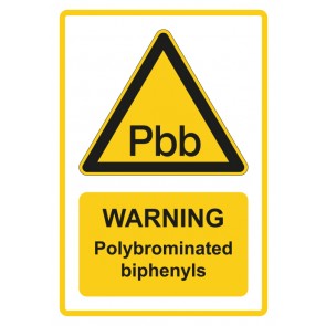 Magnetschild Warnzeichen Piktogramm & Text englisch · Warning · Polybrominated biphenyls · gelb