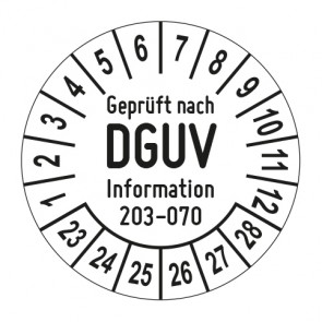 Mehrjahresprüfplakette Geprüft nach DGUV Inf. 203 - 070 Wiederkehrende Prüf. ortsveränderlicher elektr. Betriebsmittel - Jahre und Monate