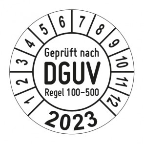 Jahresprüfplakette Geprüft nach DGUV Regel 100-500 Prüfung zum Betreiben von Arbeitsmitteln - Jahreszahl - im Kreisbogen