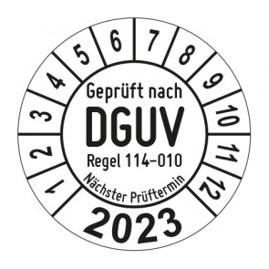 Jahresprüfplakette Geprüft nach DGUV Regel 114-010 - Jahreszahl - im Kreisbogen
