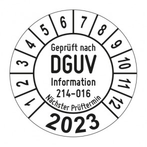 Jahresprüfplakette Geprüft nach DGUV Information 214-016 - Jahreszahl - im Kreisbogen