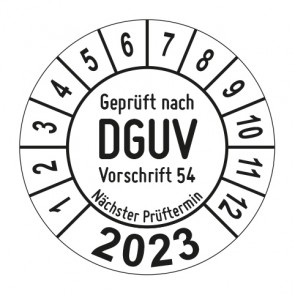 Jahresprüfplakette Geprüft nach DGUV Vorschrift 54 - Jahreszahl - im Kreisbogen