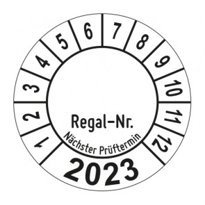 Jahresprüfplakette Geprüft Regalnummer inkl. Beschriftungsfeld - Jahreszahl - im Kreisbogen