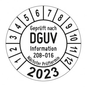Jahresprüfplakette Geprüft nach DGUV Information 208-016 Leiter und Tritte - Jahreszahl - im Kreisbogen
