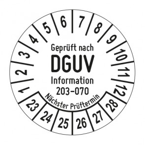 Mehrjahresprüfplakette Geprüft nach DGUV Inf. 203 - 070 Wiederkehrende Prüf. ortsveränderlicher elektr. Betriebsmittel - Jahre und Monate