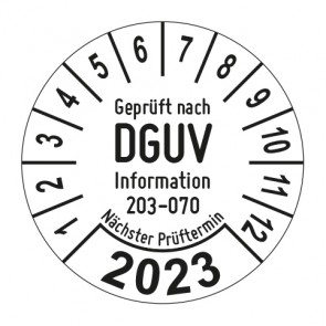 Jahresprüfplakette Geprüft nach DGUV Inf. 203-070 Wiederkehrende Prüf. ortsveränderlicher elektr. Betriebsmittel - Jahreszahl im Bogen_1