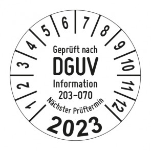 Jahresprüfplakette Geprüft nach DGUV Inf. 203-070 Wiederkehrende Prüf. ortsveränderlicher elektr. Betriebsmittel - Jahreszahl im Bogen_2