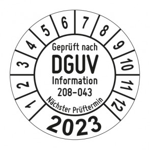 Jahresprüfplakette Geprüft nach DGUV Information 208-043 Sicherheit von Regalen - Jahreszahl - im Kreisbogen