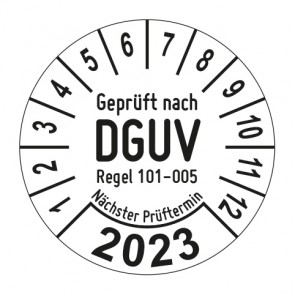 Jahresprüfplakette Geprüft nach DGUV Regel 101-005 Prüfung an hochziehbare Personenaufnahmemittel - Jahreszahl im Bogen_1