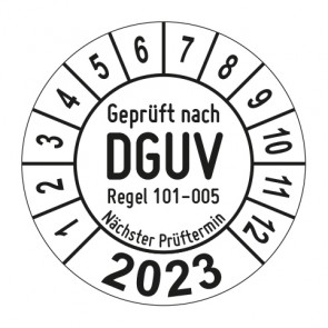 Jahresprüfplakette Geprüft nach DGUV Regel 101-005 Prüfung an hochziehbare Personenaufnahmemittel - Jahreszahl - im Kreisbogen