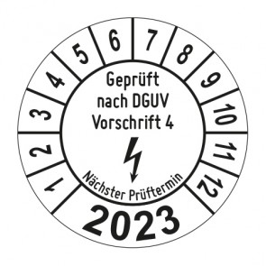 Jahresprüfplakette Geprüft nach DGUV Vorschrift 4 Blitz - Jahreszahl - im Kreisbogen