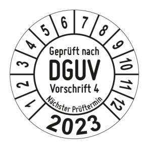 Jahresprüfplakette Geprüft nach DGUV Vorschrift 4 - Jahreszahl - im Kreisbogen