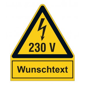 Schild Warnzeichen mit Anhang · Warnung vor elektrischer Spannung 230V · selbstklebend
