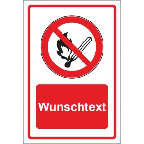 Schild Verbotszeichen Feuer offenes Licht und Rauchen verboten rot mit WUNSCHTEXT · selbstklebend